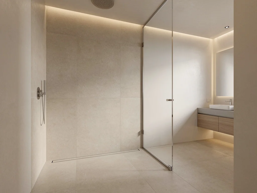 Douche italienne sans ressaut, receveur extra-plat et caniveau d'évacuation