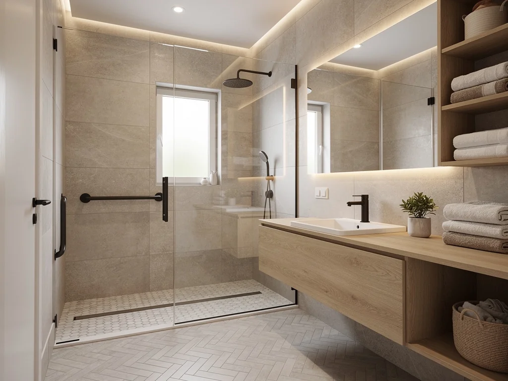 Salle de bain rénovée et accessible avec douche à l'italienne et finitions chaleureuses